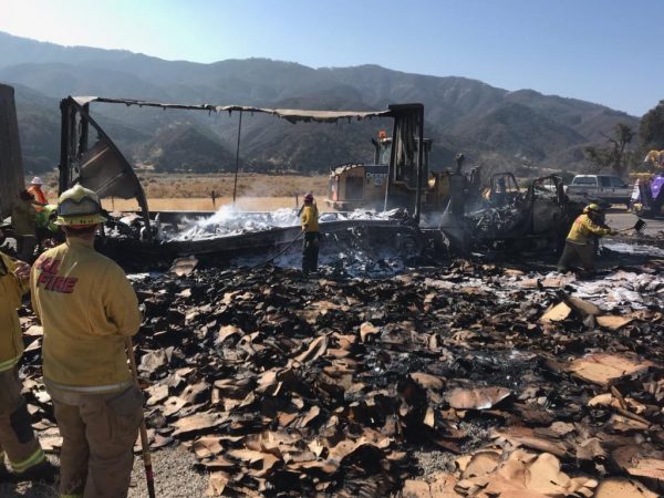 Truck catches fire on Highway 166, blaze spreads into brush