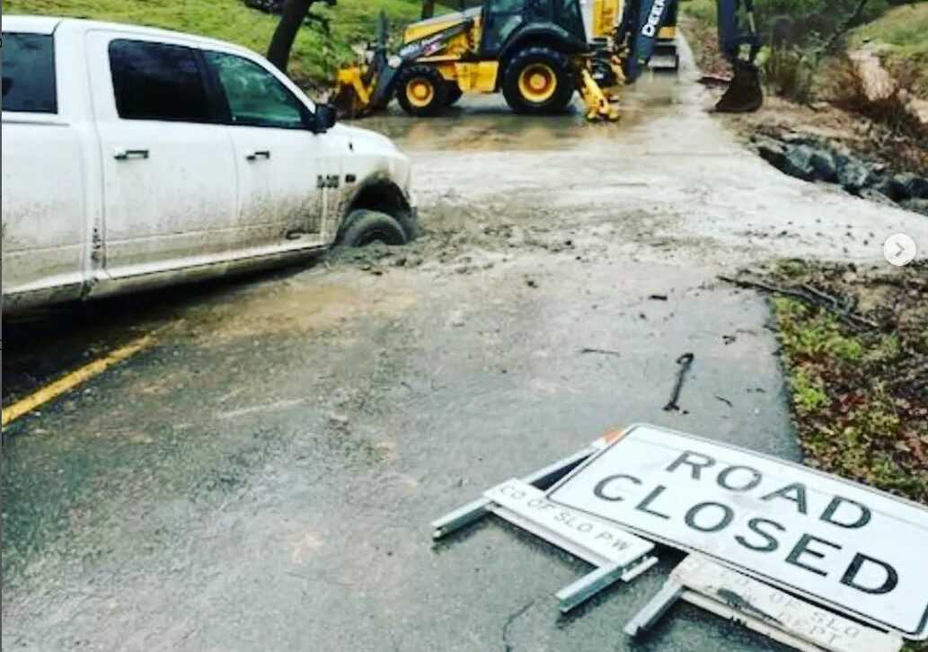 Driver ignores road closure in Templeton, truck sinks in concrete
