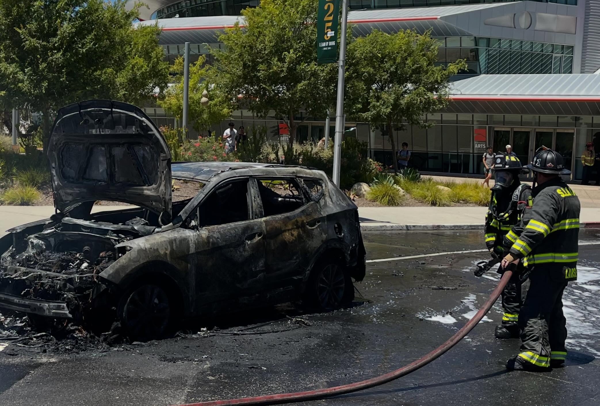 Car bursts in flames in front of PAC at Cal Poly